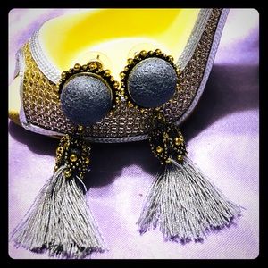 Gray/gold tone button style earrings